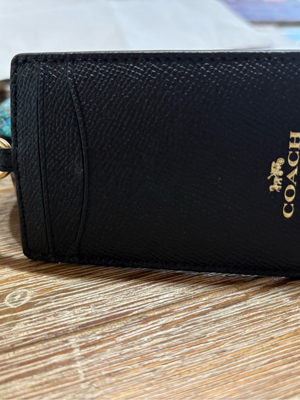COACH Dark Brown Leather ID Lanyard with Gold Logo and Key Ring
